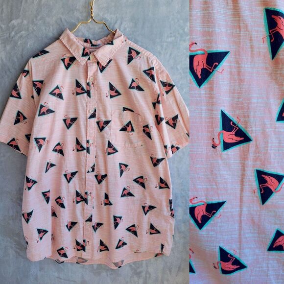 URBAN PIPELINE Flamingo Print Button Down Shirt XXL Short Sleeve Cotton Resort - Picture 1 of 7
